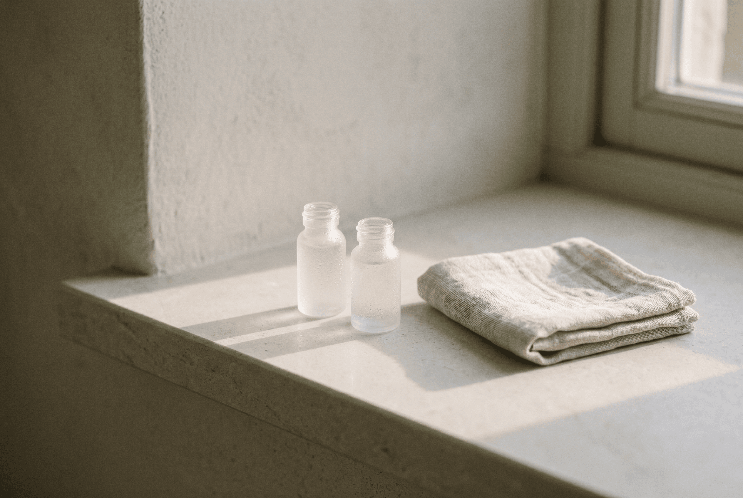 A glass vial and fine syringe on folded gauze beside a dried botanical sprig, lit by soft morning light on pale linen.