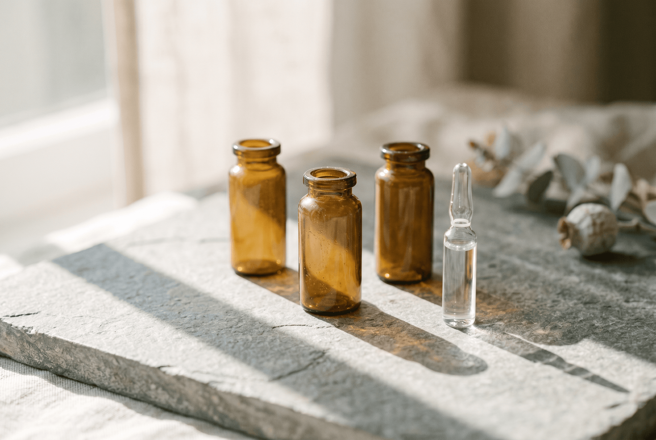 A clear glass vial, folded cream paper, and a small brass balance arranged on pale linen in soft diffused light.