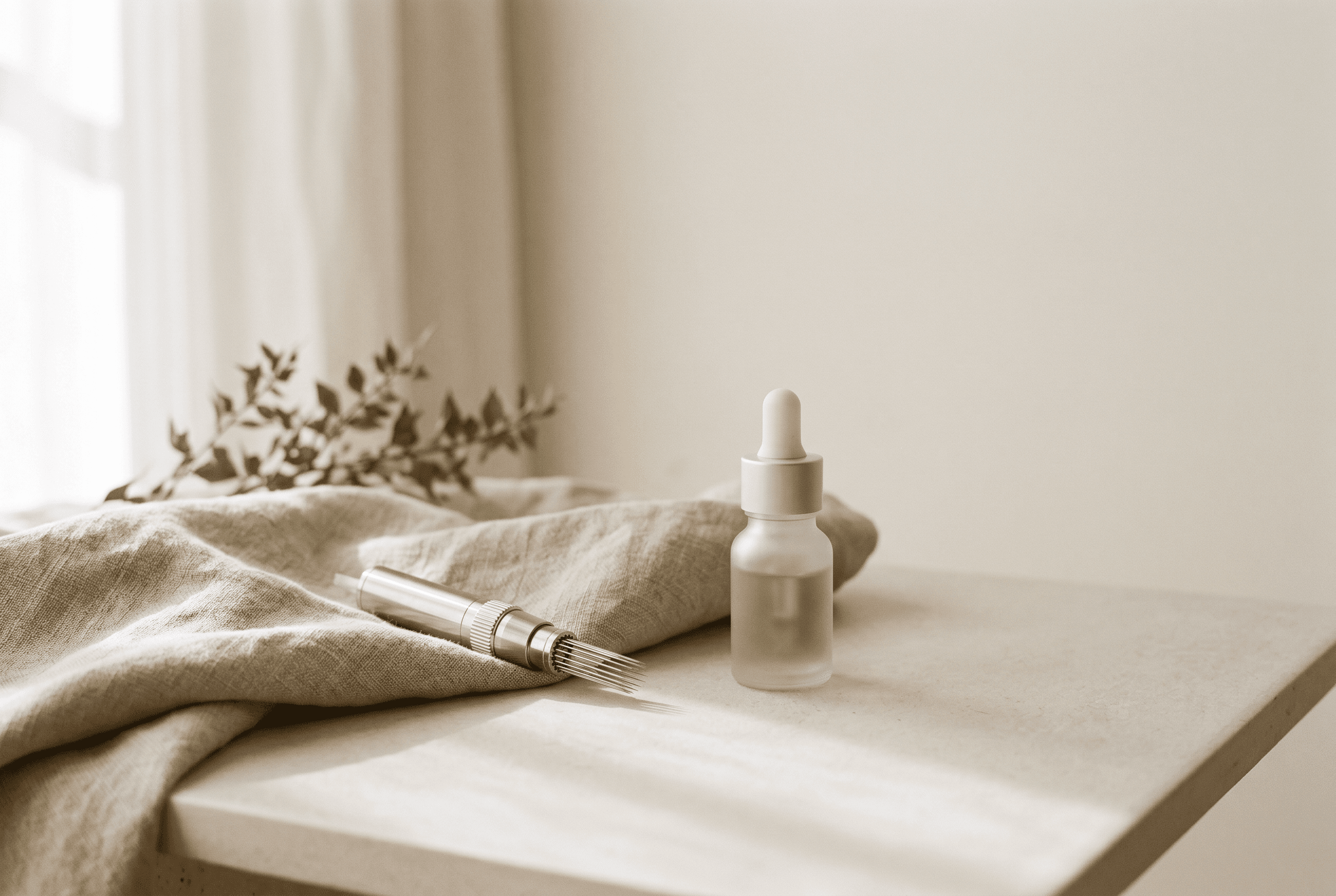 A microneedling pen cartridge and folded linen cloth on a pale stone surface in soft daylight
